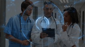 Senior doctor tapping tablet screen and colleagues consulting forming medical data hologram. Technology, collaboration, healthcare, innovation, digital, professionalism, futuristic - Powered by Shutterstock - Get 15% off with code: PIKWIZARD15