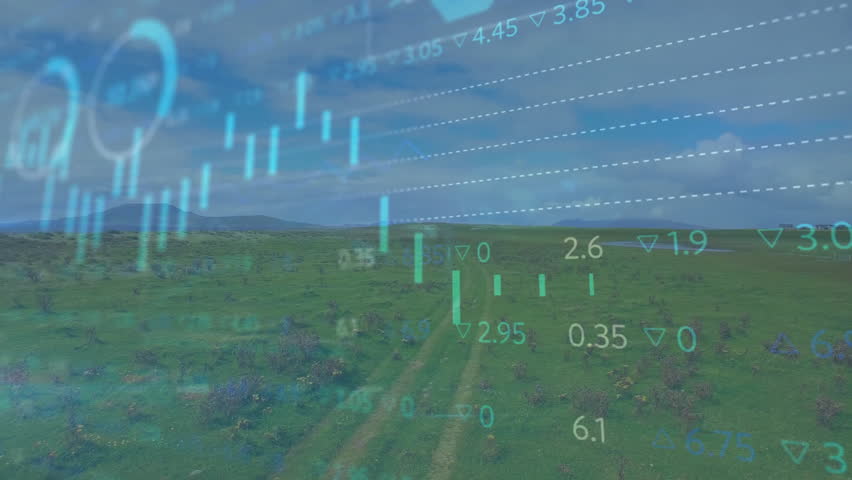 Data charts fading in, shifting and updating, sliding bars pulsing rings, fading out to show trends. Finance, analytics, data visualization, digital dashboards, technology, growth, rural landscape