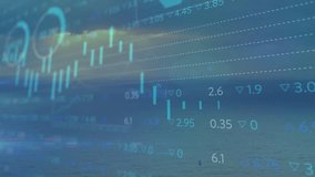 Opening candlestick chart sliding over sunset sea bars emerging gauges expanding showing trend. Finance, analytics, visualization, digital, aesthetics, data, technology - Powered by Shutterstock - Get 15% off with code: PIKWIZARD15