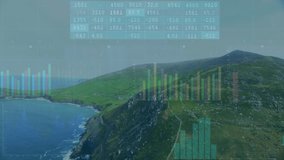 Translucent table fading atop hillside ocean backdrop, bars sliding, lines arcing, presenting data. Mountains, analytics, visualization, technology, outdoor, data, innovation - Powered by Shutterstock - Get 15% off with code: PIKWIZARD15