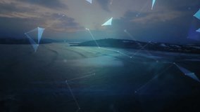 Pulsing flare causing polygons morphing into 3D globe rotating over coast showing data connections. Hologram, network, technology, digital, abstract, futurism, connectivity - Powered by Shutterstock - Get 15% off with code: PIKWIZARD15