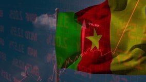 Light breeze lifting Cameroon flag fluttering as stock overlays depicting arrows for growth trend. Patriotism, financial, growth, independence, economy, resilience, progress - Powered by Shutterstock - Get 15% off with code: PIKWIZARD15