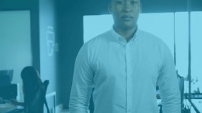 Office worker initiating comment bubble animation and watching social media icons rising around him. Technology, social media, engagement, digital, networking, professional, modern - Powered by Shutterstock - Get 15% off with code: PIKWIZARD15