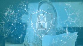 Businesswoman reading documents and unlocking data by shifting padlock shackle on network overlay. Cybersecurity, digital, protected, access, technology, innovation, professional - Powered by Shutterstock - Get 15% off with code: PIKWIZARD15