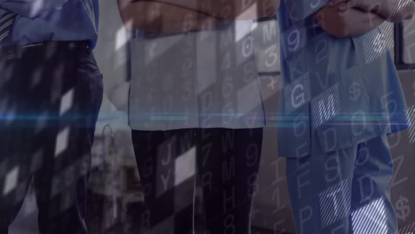 Three medical professionals with hologram appearing, animating globe and displaying health timeline. Medical, healthcare, technology, innovation, collaboration, data, modern