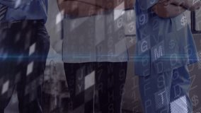 Three medical professionals with hologram appearing, animating globe and displaying health timeline. Medical, healthcare, technology, innovation, collaboration, data, modern - Powered by Shutterstock - Get 15% off with code: PIKWIZARD15