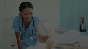 Medical nurse greeting senior patient bedside to check vitals with stethoscope glitch flickering. Caregiver, health, compassion, professionalism, clinical, support, medical - Powered by Shutterstock - Get 15% off with code: PIKWIZARD15