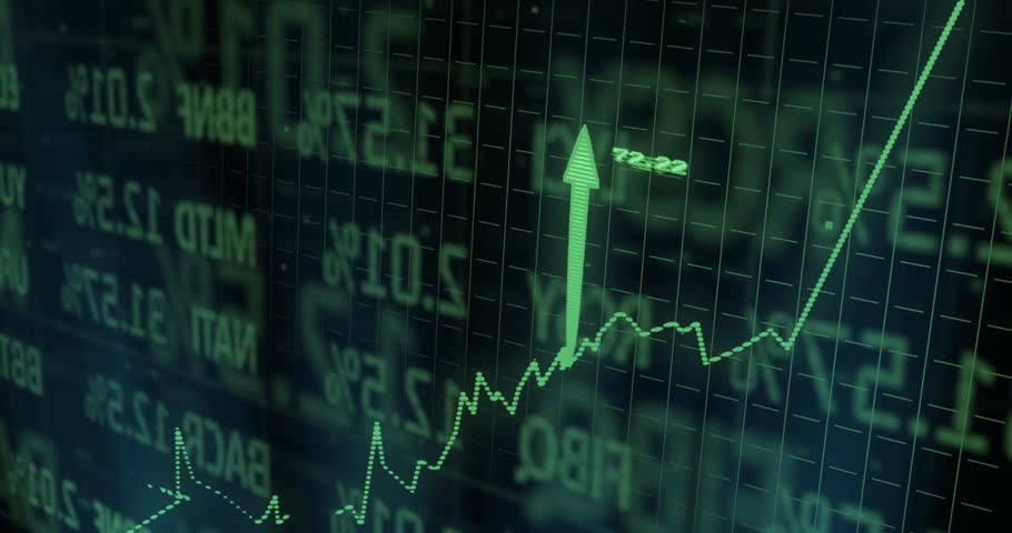 Thin green line appearing triggers chart line climbing and arrows rising to illustrate market surge. Dynamic, data visualization, financial, digital, futuristic, abstract, growth