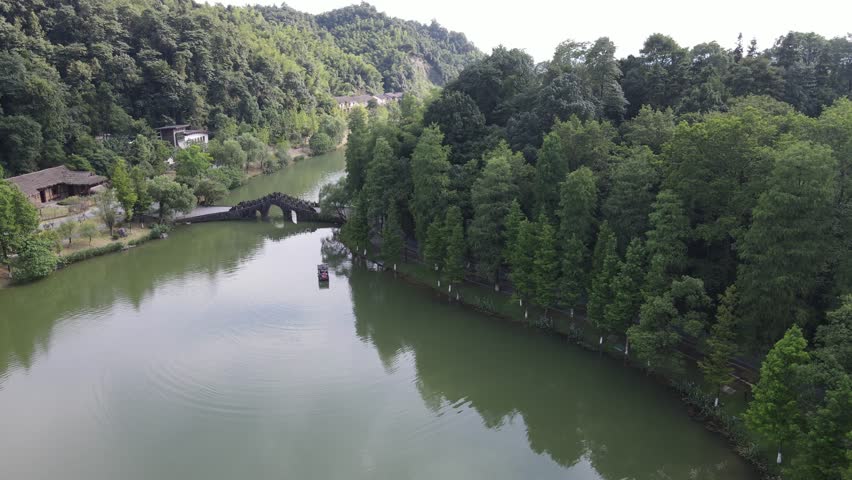 Aerial views of Wuliu River and stone bridge in Hunan Changde Peach Blossom Garden Scenery District