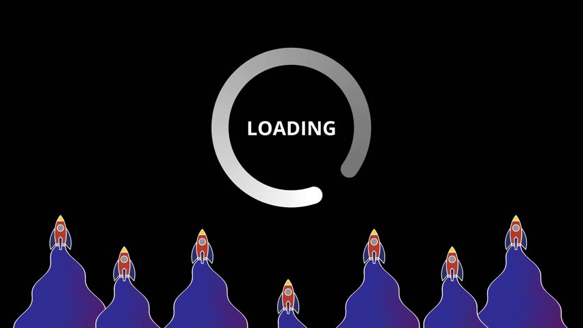 Animated Loading Rockets Flying on Black Background With Glowing Trail Effects Suitable for Multipurpose Content Use