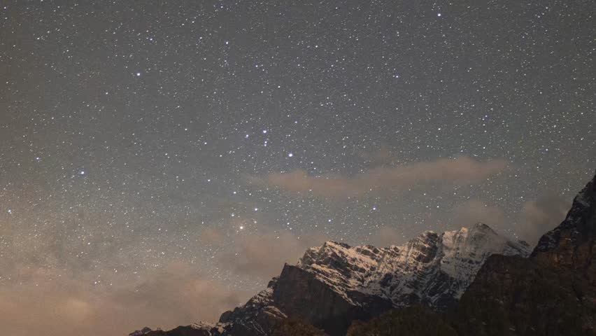 4K Timelapse of milky way above mountains at Lahaul, Himachal Pradesh, India. A magnificent night sky and milkyway galaxy over Himalayas. Starry night time lapse. Milkyway rising over Himalayas
