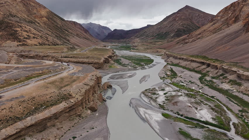 River valley and eroded cliffs in Himalayas drone view