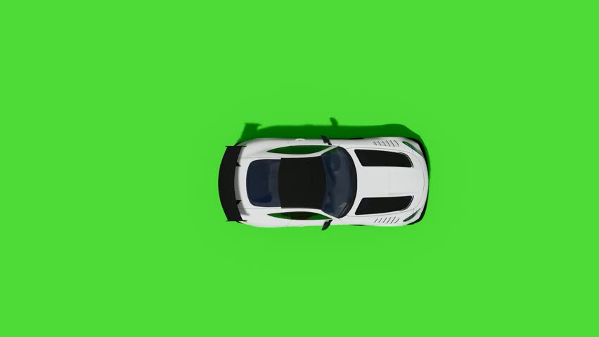 Top view of a sleek white sports car on a green screen background. Ideal for chroma key video overlays, automotive content, or design visualization