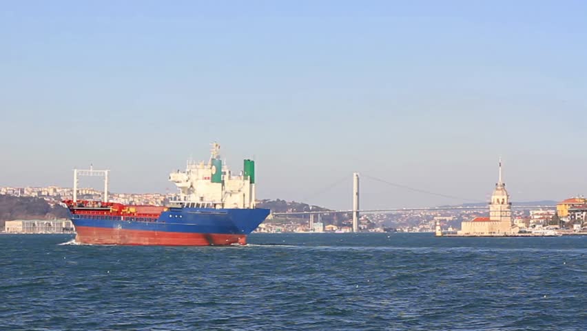 Dry cargo ship.  Rear view of a cargo ship sailing into Bosporus

