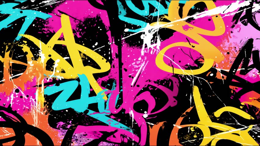Abstract animated video loop with neon spray paint textures, expressive cartoonish brush strokes, and dynamic graffiti energy. Ideal for music visuals and modern art edits.