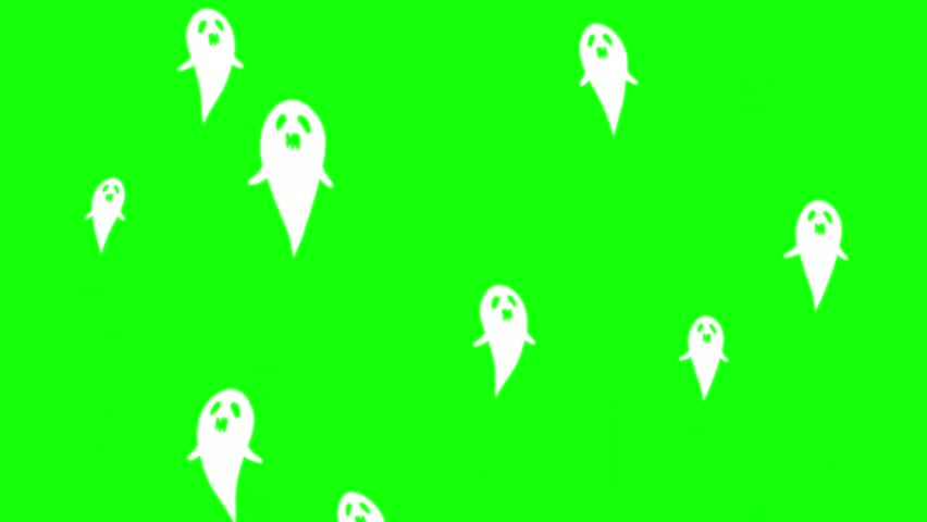 cute glowing white ghosts flying on green screen background, Halloween party concept autumn design, 4k animation