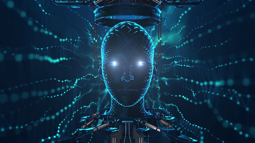 Abstract digital human face. Artificial intelligence concept of big data or cyber security. 3D rendering