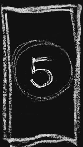 wiggle countdown animation, 5-4-3-2-1 stopmotion animation in handwritten crayon pencil white on black, vertical video with frame