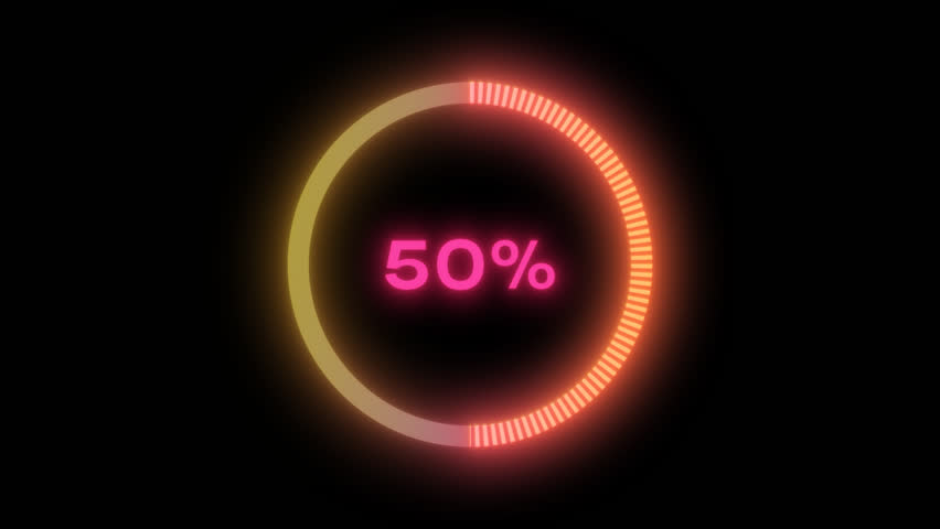 Glowing neon circular loading bar animation showing 0 to 50 percent progress with vibrant light ring and 50% indicator. Transparent background, perfect for tech or futuristic UI elements