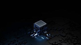 A futuristic AI chip, designed as a glowing cube, processes data on a dark, blocky circuit board as light beams signify its advanced operations. - Powered by Shutterstock - Get 15% off with code: PIKWIZARD15