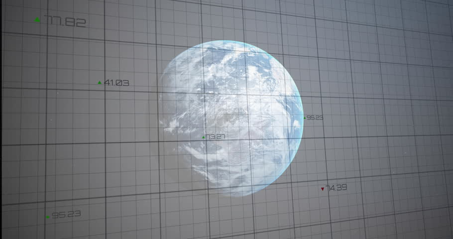 3D globe displaying numeric labels then two green lines rising then falling visualizing dual trend. Data, analytics, technology, visualization, animation, digital, infographic