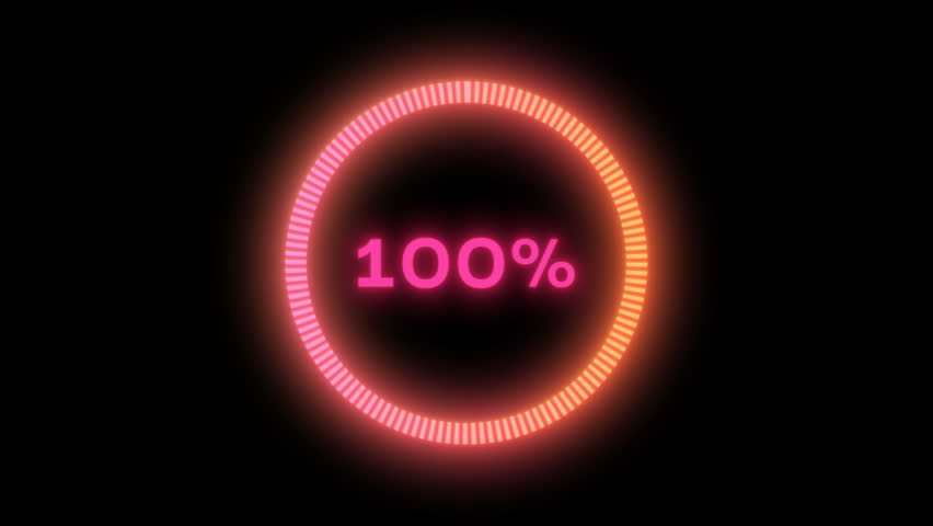 Glowing neon circular loading bar animation showing 0 to 100 percent progress with vibrant light ring and 100% indicator. Transparent background, perfect for tech or futuristic UI elements