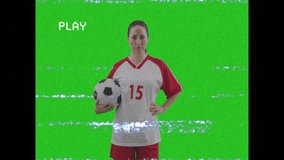 Female soccer player holding ball with PLAY overlay initiating glitch scanning for sports marketing. Athlete, sport, performance, digital, futuristic, motionless, vibrant - Powered by Shutterstock - Get 15% off with code: PIKWIZARD15