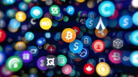 many crypto coin falling technology, Science Technology hi tech background design. Vertical video, Glow blue digital landscape with cube particle. Crypto currency, - Powered by Shutterstock - Get 15% off with code: PIKWIZARD15