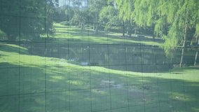 On opening camera drifting past pond with ducks overlaying grid, tracking green black graph peaks. Nature, tranquility, data visualization, landscape, outdoor, serenity, analytics - Powered by Shutterstock - Get 15% off with code: PIKWIZARD15