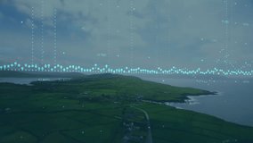 Drone camera gliding over fields as turquoise waveform pulsing and columns visualizing data. Landscape, data visualization, digital overlay, technology, futurism, environmental, aerial - Powered by Shutterstock - Get 15% off with code: PIKWIZARD15