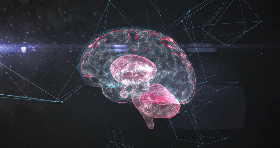 Virus particle emerging under brain causing particles drifting upward and orbiting for viral attack. Digital, science, technology, biomedical, illustration, futurism, research