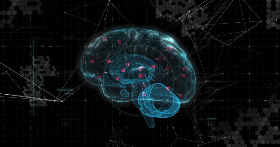 on system activation holographic cyan brain rotating while scanning virus sphere for detection. Futuristic, neuroscience, digital, medical, diagnostic, technology, interface