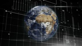 Dark grid initiating 3D Earth emerging rotating while HUD scanning visualizing analysis completion. Technology, data visualization, futurism, digital interface, innovation, analytics, virtual - Powered by Shutterstock - Get 15% off with code: PIKWIZARD15