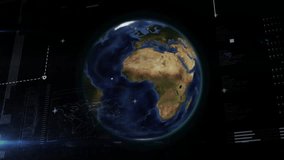 Upon startup 3D Earth globe emerging, spinning UI overlay sliding, bars filling analysis completing. Global, technology, interface, data, futuristic, digital, visualization - Powered by Shutterstock - Get 15% off with code: PIKWIZARD15