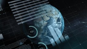 Globe emerging triggers sliding tables and updating gauges while charts animating to visualize data. Futuristic, analytics, data visualization, sleek, digital, tech, information - Powered by Shutterstock - Get 15% off with code: PIKWIZARD15