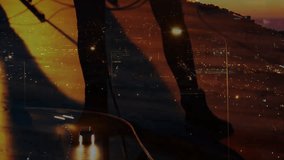 Female singer bringing mic to lips, singing, band playing rooftop gig with flickering city lights. Band, vocalists, performance, concert, nightlife, stage, cityscape - Powered by Shutterstock - Get 15% off with code: PIKWIZARD15