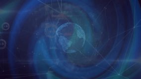 Materializing holographic 3D Earth globe rotating westward with pulsing rings visualizing data flow. Futuristic, technology, global, digital, abstract, innovation, network - Powered by Shutterstock - Get 15% off with code: PIKWIZARD15