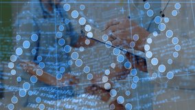 Doctors reviewing patient data tapping tablet writing clipboard notes as node grid overlay shifting. Medicine, healthcare, technology, collaboration, analysis, innovation, diagnostics - Powered by Shutterstock - Get 15% off with code: PIKWIZARD15