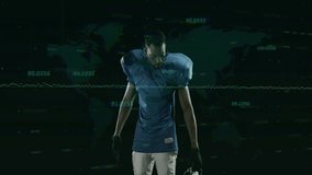 Football player lifting helmet adjusting chin strap in grid with floating data preparing for play. Athlete, sports, futuristic, technology, motion, performance, determination - Powered by Shutterstock - Get 15% off with code: PIKWIZARD15