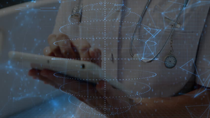 Doctor tapping tablet and initiating holographic code overlay for accessing medical data. Futuristic, technology, healthcare, digital, professional, innovation, interface - Powered by Shutterstock - Get 15% off with code: PIKWIZARD15