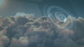 On playback HUD rotating, blue graph window flickering lens flare over drifting clouds for analysis. Futuristic, digital, interface, technology, aerial, data, analysis - Powered by Shutterstock - Get 15% off with code: PIKWIZARD15