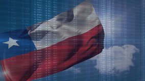 Chilean flag appearing on blue sky, fluttering while financial charts visualizing market data. Patriotism, finance, data visualization, economic, corporate, technology, communication - Powered by Shutterstock - Get 15% off with code: PIKWIZARD15