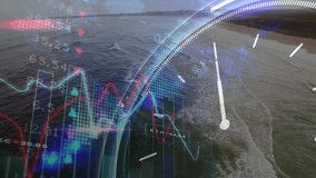 HUD overlay fading in over waves, rising graphs pulsing map ticking clock showing market trends. Data, analytics, visualization, technology, financial, digital, outdoor - Powered by Shutterstock - Get 15% off with code: PIKWIZARD15