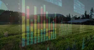 Sun flare intensifying: bar charts fading then shifting over farm field highlighting data trends. Analytics, visualization, data, agriculture, landscape, digital, insights - Powered by Shutterstock - Get 15% off with code: PIKWIZARD15