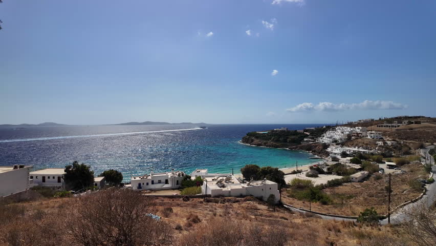 Panoramic view of the Agia Stefanos beach in Mykonos Greece