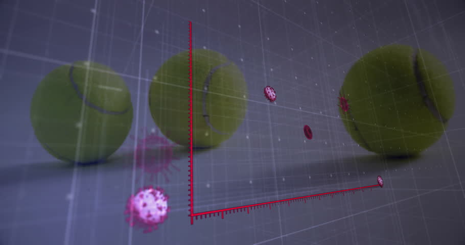 Starting three tennis balls resting, bars forming chart, ball rotating peeling core, icons orbiting. Technology, data visualization, futuristic, analytics, innovation, digital interface, abstract