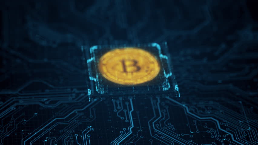 Golden bitcoin crypto currency digital technology on circuit board. Abstract futuristic 3D render background. Future of money global market exchange. Lightning network transactions. BTC mining concept