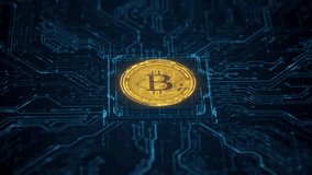 Golden bitcoin crypto currency digital technology on circuit board. Abstract futuristic 3D render background. Future of money global market exchange. Lightning network transactions. BTC mining concept - Powered by Shutterstock - Get 15% off with code: PIKWIZARD15