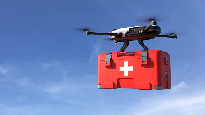 Drone transporting first aid kit in blue sky, Emergency medical care concept