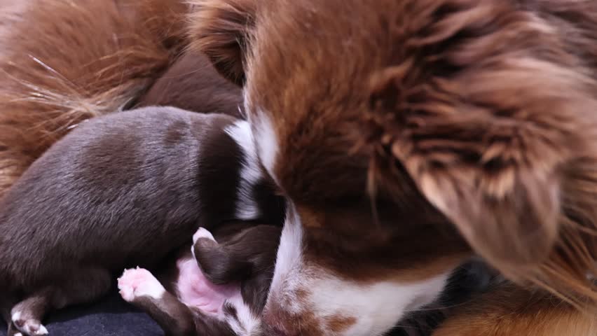 A brown and white dog is laying on a bed with a puppy